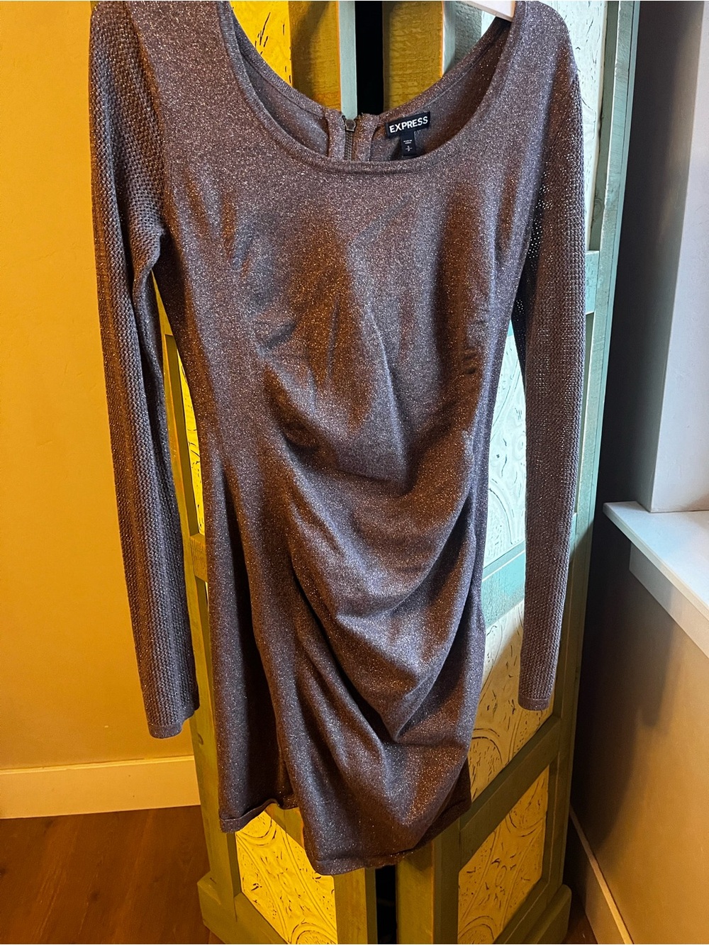 Express Women’s Shimmery Long-Sleeve Ruched Dress in Brown